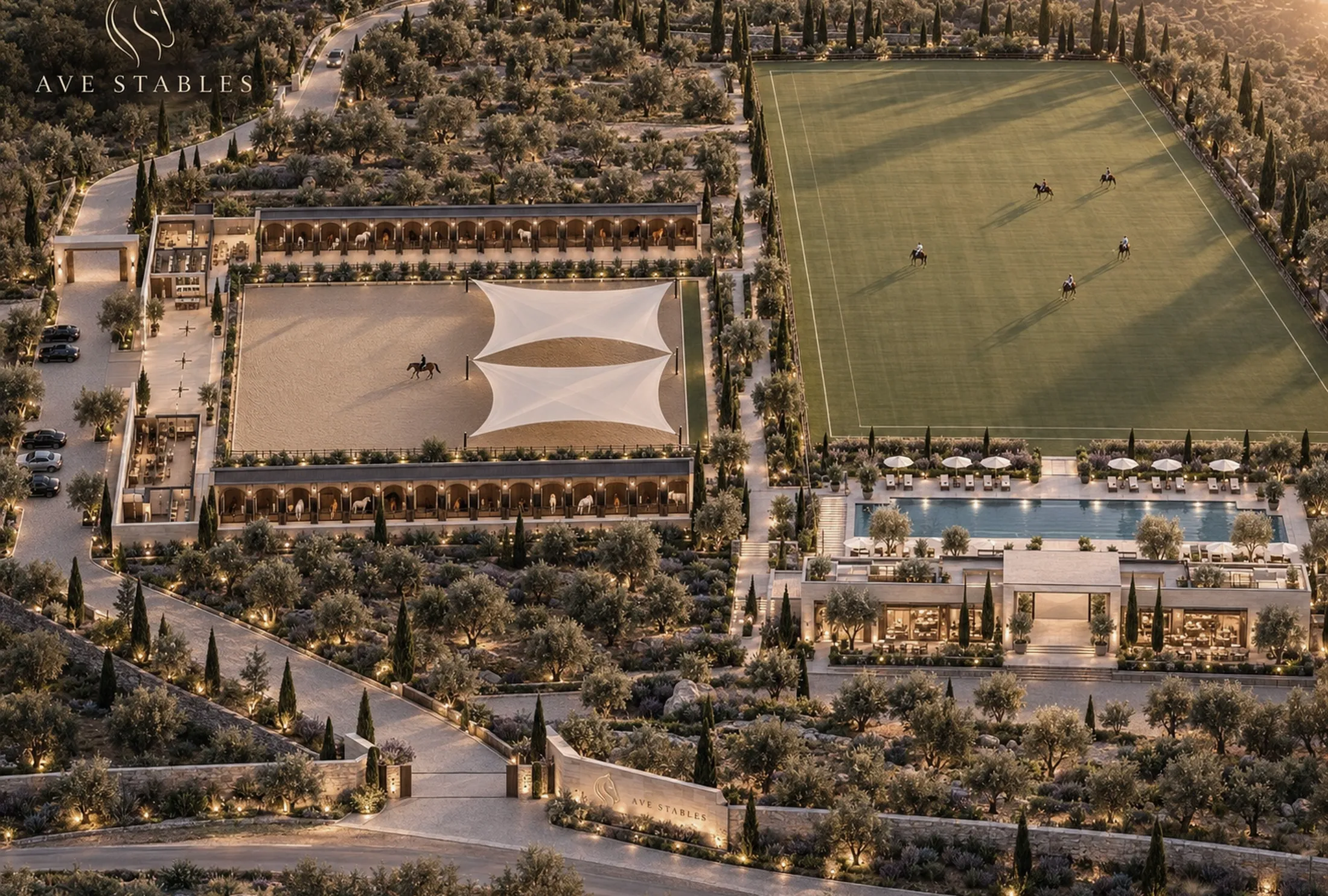 Генеральный план AVE STABLES с высоты: арена, конюшни, поле для поло, wellness-клуб и бассейн